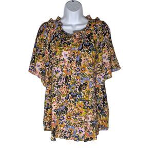 Democracy Floral Print Short Cap Sleeve Blouse Top  Plus 3X Office Church Spring